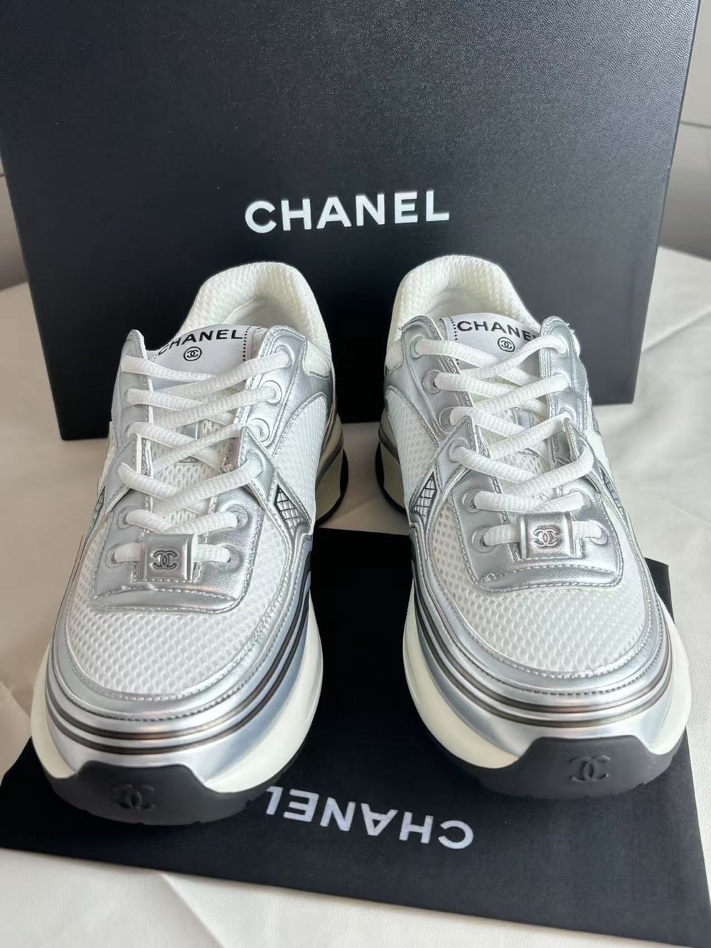 GoodCHANEL White & Silver Mesh Platform Sneakers with Metallic Accents